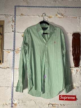 Polo Ralph Lauren Green and White Striped Button-Down Custom Fit Shirt Medium